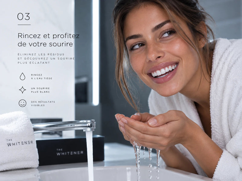 Rinçage à l'eau tiède après la séance, sourire éclatant