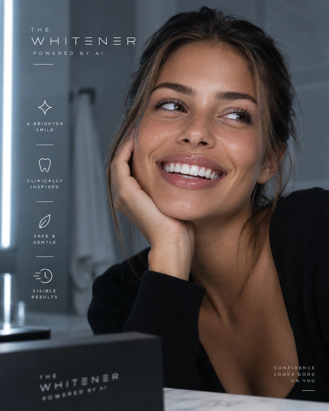 Femme souriante dans une salle de bain, coffret The Whitener au premier plan